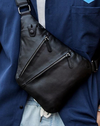 Badass Black Leather Men's Sling Bag Chest Bag Black One shoulder Backpack Bundy Bag For Men