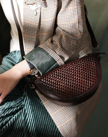 Vintage Womens Small Brown Braided Leather Half Circle Shoulder Bag Moon Cem Crossbody Bag Saddle Bag