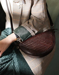 Vintage Womens Small Brown Braided Leather Half Circle Shoulder Bag Moon Cem Crossbody Bag Saddle Bag