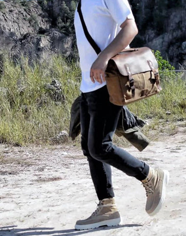 Cool Canvas Leather Mens Side Bag Black Shoulder Bag Khaki Messenger Bag for Men