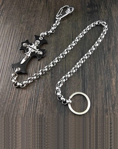 Solid Stainless Steel Long Cross Skull Wallet Chain Cool Punk Rock Biker Trucker Wallet Chain Trucker Wallet Chain for Men
