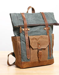 Waxed Canvas Leather Mens 17‘’ Lake Green Backpack Khaki Travel Backpack Dark Gray Hiking Backpack for Men