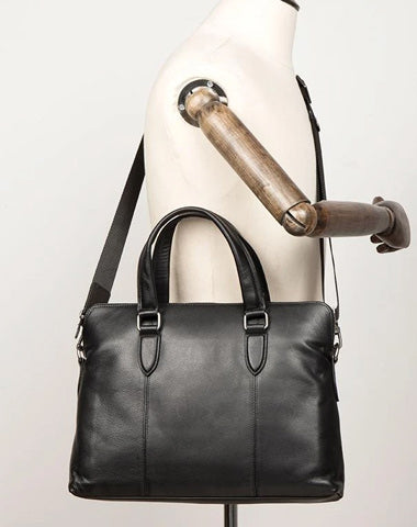 Black Leather Mens 13inches Briefcase Laptop Briefcase Shoulder Business Bags Work Bag for Men