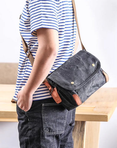 Wax Canvas Leather Mens Dark Gray Small Side Bag Courier Bag Khaki Messenger Bag for Men