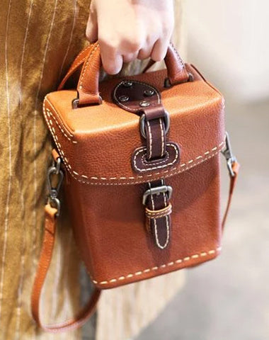 Vintage Small WOmens Brown Leather Box Handbag Shoulder Bag Square Crossbody Purse for Ladies