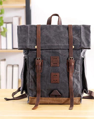 Waxed Canvas Leather Mens 16‘’ Army Green Backpack Travel Backpack Gray Hiking Backpack for Men