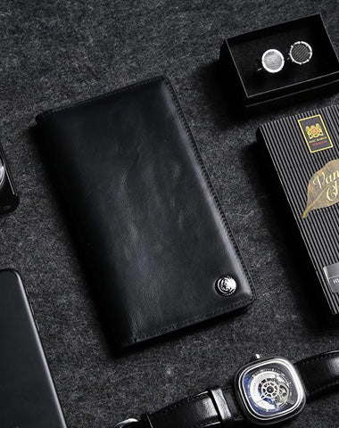 Fashion Leather Men's Trifold Long Wallet Black Gray Long Wallet For Men