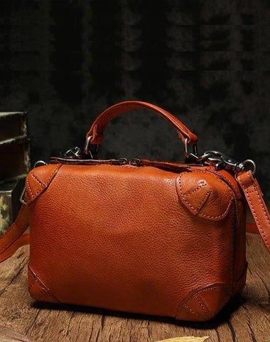 Brown Womens Leather Satchel Handbag Cube Square Box Satchel Handbag Purse for Ladies
