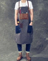 Canvas Leather Mens Womens Blue Craftsman Apron Cafe Staff Apron Work Apron for Men