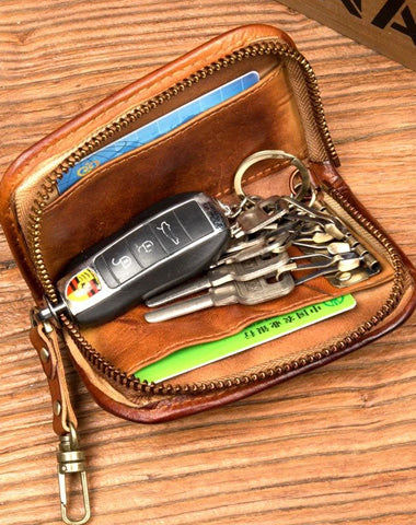 Brown Leather Mens Small Car Key Wallet Brown Key Holder Coin Purse Brown Card Holder For Men