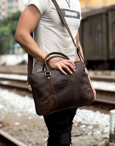 Brown Leather Mens 14 inches Briefcase Laptop Bag Navy Business Bags Work Bag for Men