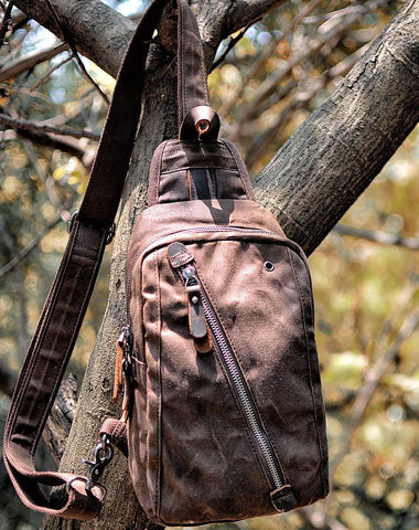 Cool Canvas Leather Mens Waterproof Sling Bag Chest Bag One Shoulder Bag for Men