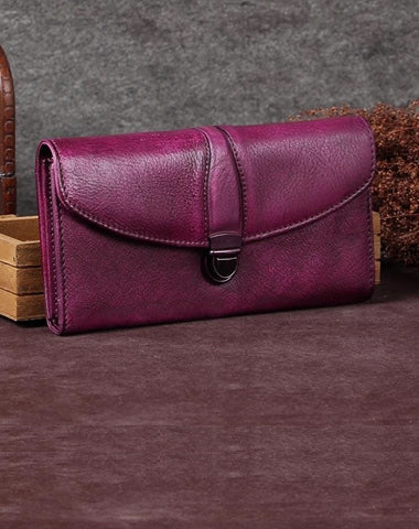 Purple Womens Vintage Leather Bifold Wallet Long Wallet Brown Phone Clutch Wallet Purse for Ladies