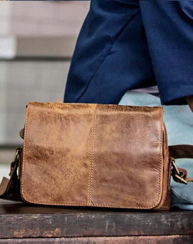 Camel Leather Mens Small Side Bag Small Messenger Bags Postman Bag Courier Bag for Men