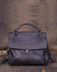 Gray Vintage Leather Purse Handmade Rivet Satchel Handbag Shoulder Bags Crossbody Purses
