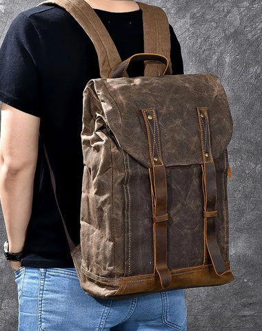 Waxed Canvas Leather Mens 15" Gray Computer Backpack Brown Travel Backpack College Backpack for Men