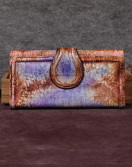 Vintage Womens Long Bifold Tan Wallet Brown Leather Wallet Red Clutch Wallet Purse