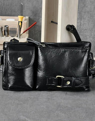 Cool Black Leather Fanny Pack Mens Waist Bag Hip Black Pack Bumbag for Men