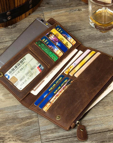 Brown Cool Mens long Wallet Wristlet Bag Clutch Bag Bifold Long Wallet Hand Bags for Men