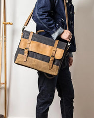 Canvas Leather Mens Side Bag Black 14'' Briefcase Gray Postman Bag Messenger Bag for Men