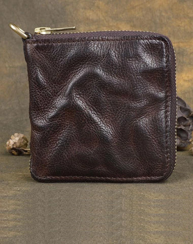 Handmade Wrinkled Mens Leather Cool billfold Chain Wallet Men Small Bifold Biker Wallets for Men