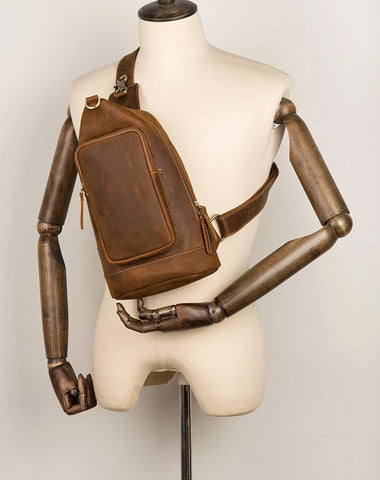 Brown Casual Leather Mens 8 inches Sling Bags Chest Bags One Shoulder Backpack for Men