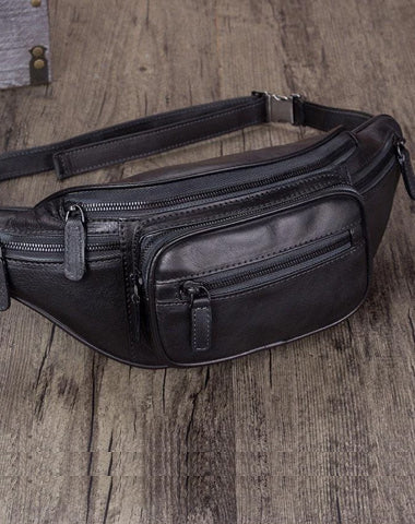 Vintage Black Leather Mens Fanny Pack Hip Belt Bags Waist Bag