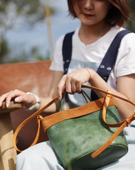 Vintage WOmens Green Leather Small Tote Bucket Bag Brown Small Tote Handbags Purse for Ladies