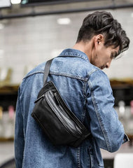 Black Leather Mens Waist Bag Fanny Pack Sling Bag Chest Bag Black One Shoulder Backpack for Men