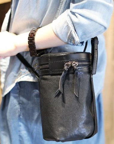 Fashion Womens Small Black Handbag Leather Barrel Crossbody Bag Cute Bucket Shoulder Bags for Ladies