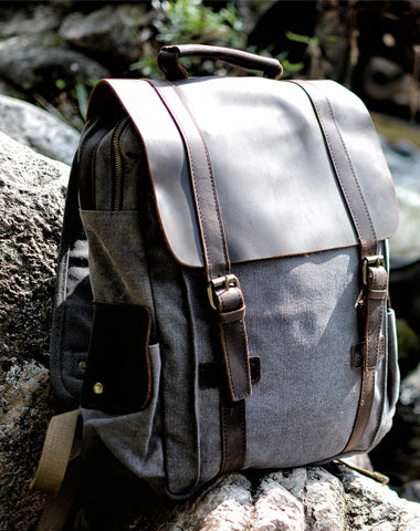 Cool Canvas Leather Mens College Backpack Travel Backpack 15'' Computer Hiking Backpack for Men