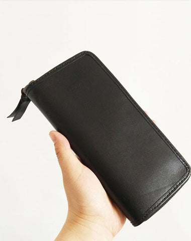 Black Handmade Vintage Mens Zipper Coffee Large Bifold Leather Long Wallet Cool Long Wallet for Men