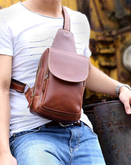 Genuine Leather Mens Cool Chest Bag Brown Sling Bag One Shoulder Backpack for men