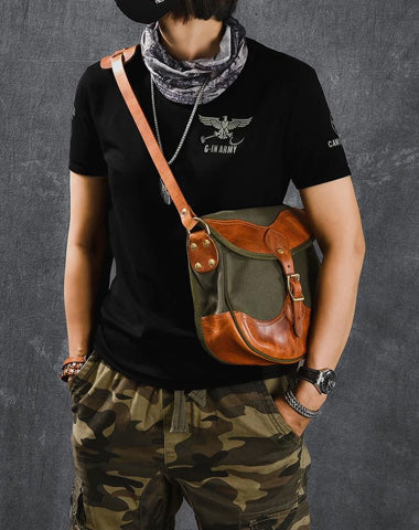 Canvas Leather Mens Womens Army Green Saddle Side Bag Messenger Bag Small Shoulder Bag For Men