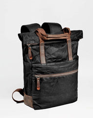 Cool Canvas Leather Mens Black College Backpack 15'' Computer Backpack Travel Backpack Hiking Bag for Men