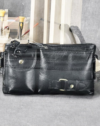 Cool Black Leather Fanny Pack Mens Hip Pack Black Waist Bag Belt Bag for Men