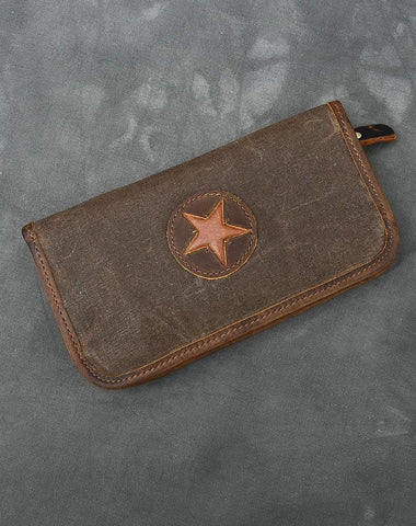 Brown Canvas Mens Long Wallet Zipper Green Clutch Phone Wallet For Men