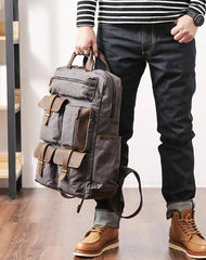 Cool Waxed Canvas Leather Mens Waterproof 15'' Backpack Gray Travel Backpack Hiking Backpack for Men