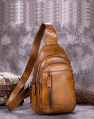 Vintage Brown Mens Leather Sling Bag Chest Bags Purses One Shoulder Backpack for Men