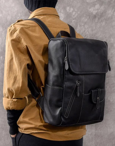 Black Leather Mens 14" Laptop Backpack Backpack Travel Backpack College Backpack for Men