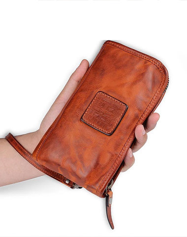 Cool Leather Mens Brown Long Chain Wallet Black Wristlet Wallet Black Clutch Wallet for Men