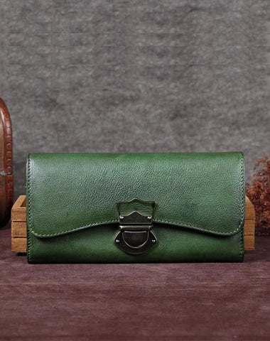 Green Vintage Ladies Leather Buckle Bifold Long Wallet Purple Phone Clutch Purses for Women