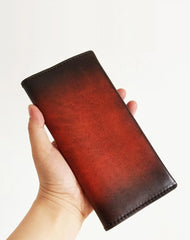 Handmade Mens Leather Brown Long Wallets Wine Red Bifold Long Wallet Clutch for Men