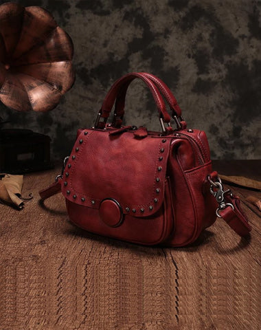 Red Vintage Womens Leather Rivet Handbag Brown Side Bag Satchel Bag Purse for Ladies