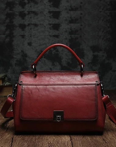 Red Vintage Womens Leather Satchel Handbags Brown Shoulder Bag Purses for Ladies