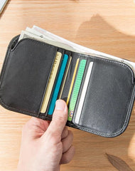 Black Cool Leather Mens Small Wallet Multicard Wallet Bifold Vintage Ultra Thin billfold Wallet for Men