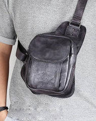 Brown MENS Vintage LEATHER Sling Bag Chest Bag Gray One Shoulder Backpack For Men