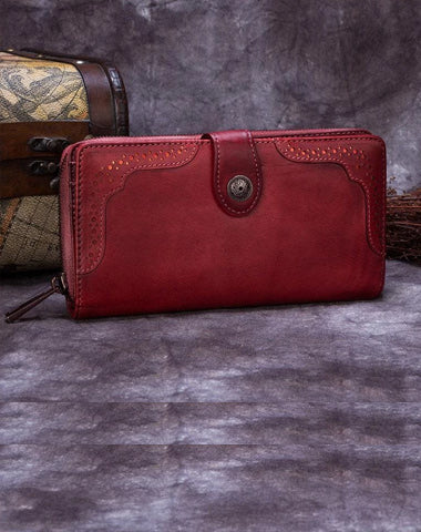 Red Vintage womens Leather Bifold Wallet Green Phone Wallet Brown Zipper Wallet for Ladies