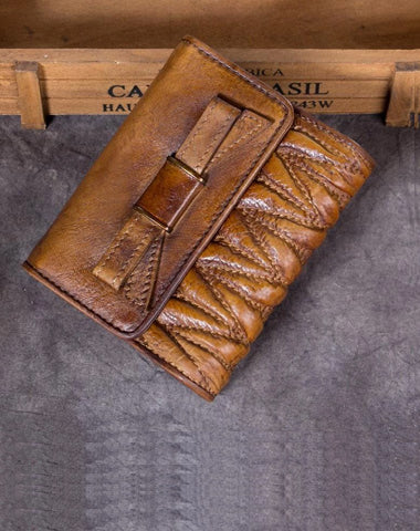 Cute Brown Womens Leather Wrinkled Small Women's Trifold Leather Wallet Vintage Small Wallet for Ladies