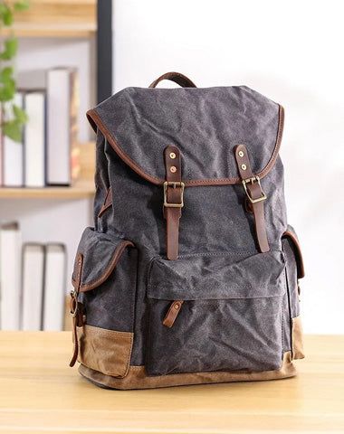 Waxed Canvas Leather Mens Army Green 15‘’ Large Backpack Travel Backpack College Backpack for Men